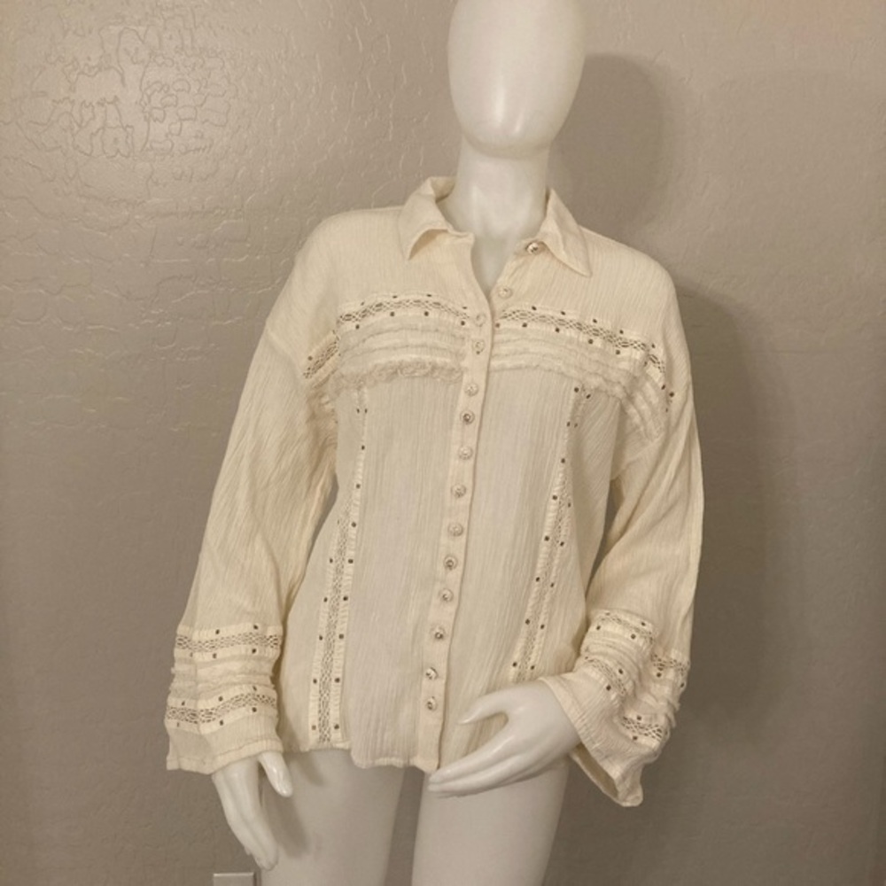 Free People Summer Stars Faux Buttoned Down Boho Ivory Blouse Large